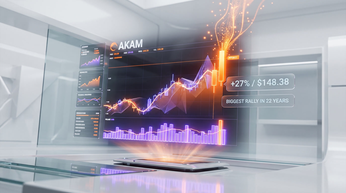 Akamai stock chart May 8 2026 — 27 percent rally to 148.38, biggest single-day move in 22 years