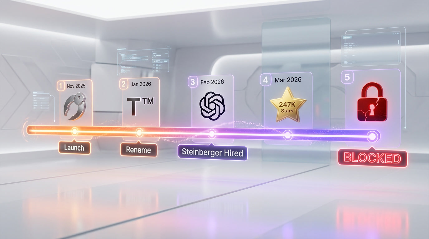 OpenClaw timeline from November 2025 launch to April 2026 Anthropic ban