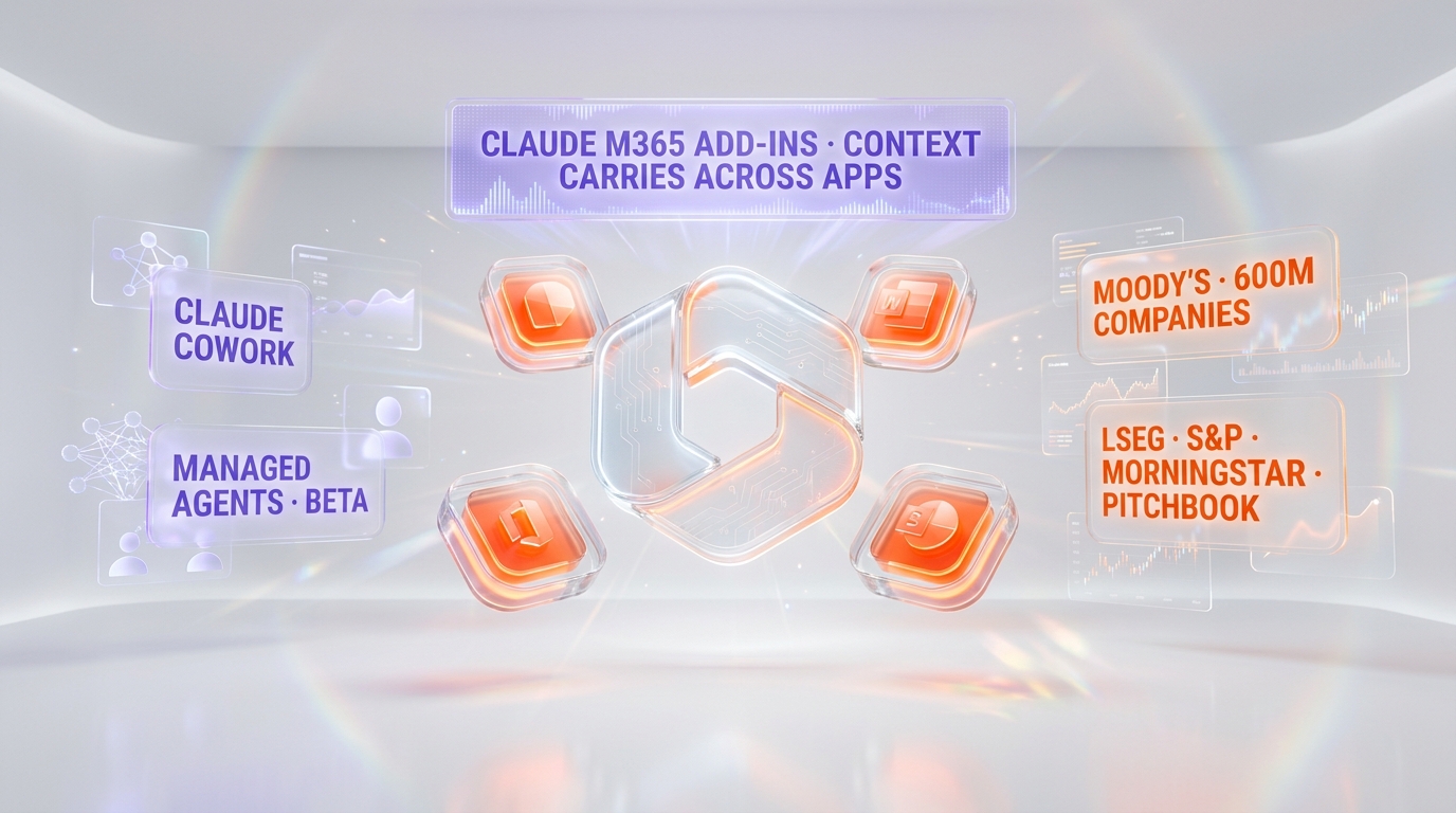 Claude Microsoft 365 add-ins: Excel, PowerPoint, Word generally available; Outlook beta. Single agent context carries across applications. Moody's, LSEG, S&P, Morningstar, PitchBook connectors