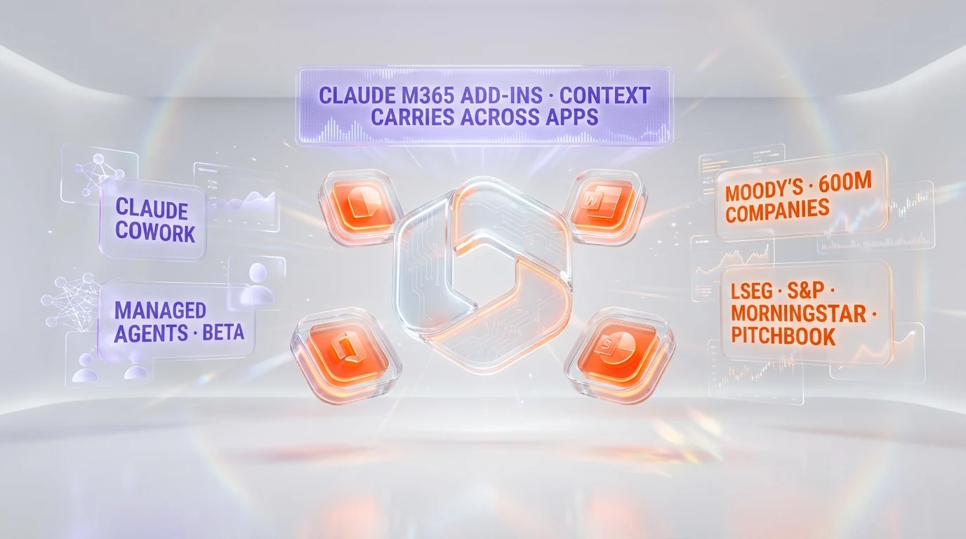 Claude Microsoft 365 add-ins: Excel, PowerPoint, Word generally available; Outlook beta. Single agent context carries across applications. Moody's, LSEG, S&P, Morningstar, PitchBook connectors