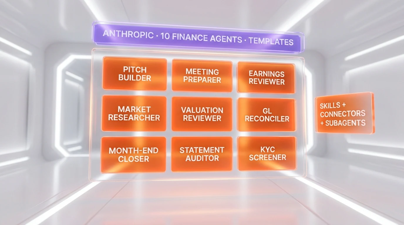 Anthropic 10 Claude finance agent templates registry: pitch builder, meeting preparer, earnings reviewer, model builder, market researcher, valuation reviewer, GL reconciler, month-end closer, statement auditor, KYC screener