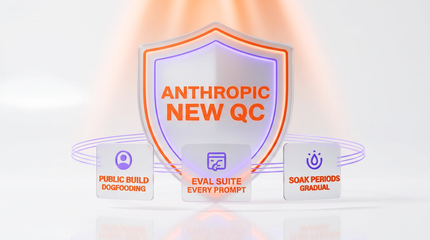 Anthropic new quality controls April 23 2026 — public build dogfooding, eval suite every prompt change, soak periods gradual rollouts, shield protection