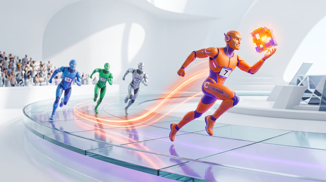 Multiple AI agent figures racing on a glassmorphism track, Claude leading with a memory file in hand, Cursor Devin Replit behind, brand 3D white scene orange violet glow