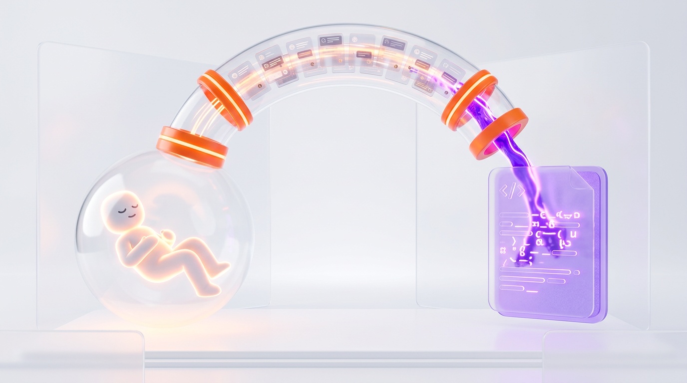Diagram of Dreaming loop: agent runs by day, background process replays last 100 sessions at night and rewrites memory file, brand identity 3D render orange violet on white