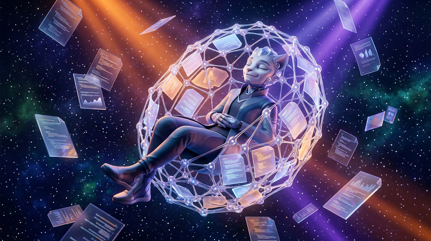 Claude agent reviewing past sessions inside a transparent neural network at night, orange and violet glow over white scene, brand identity 3D render