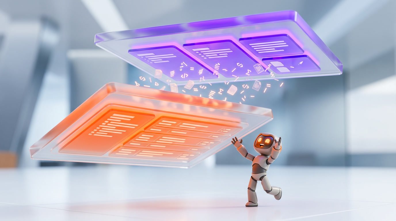 Two layered glass slabs labeled Global Memory and Personal Memory hovering over a Claude agent figure, markdown documents flowing between them, white scene orange violet glow brand 3D render