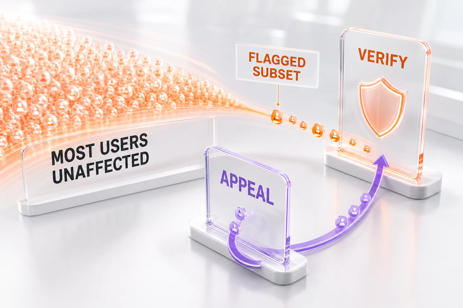Diagram showing the small subset of flagged Claude accounts routed to identity verification and an appeal path, versus the unaffected majority of users