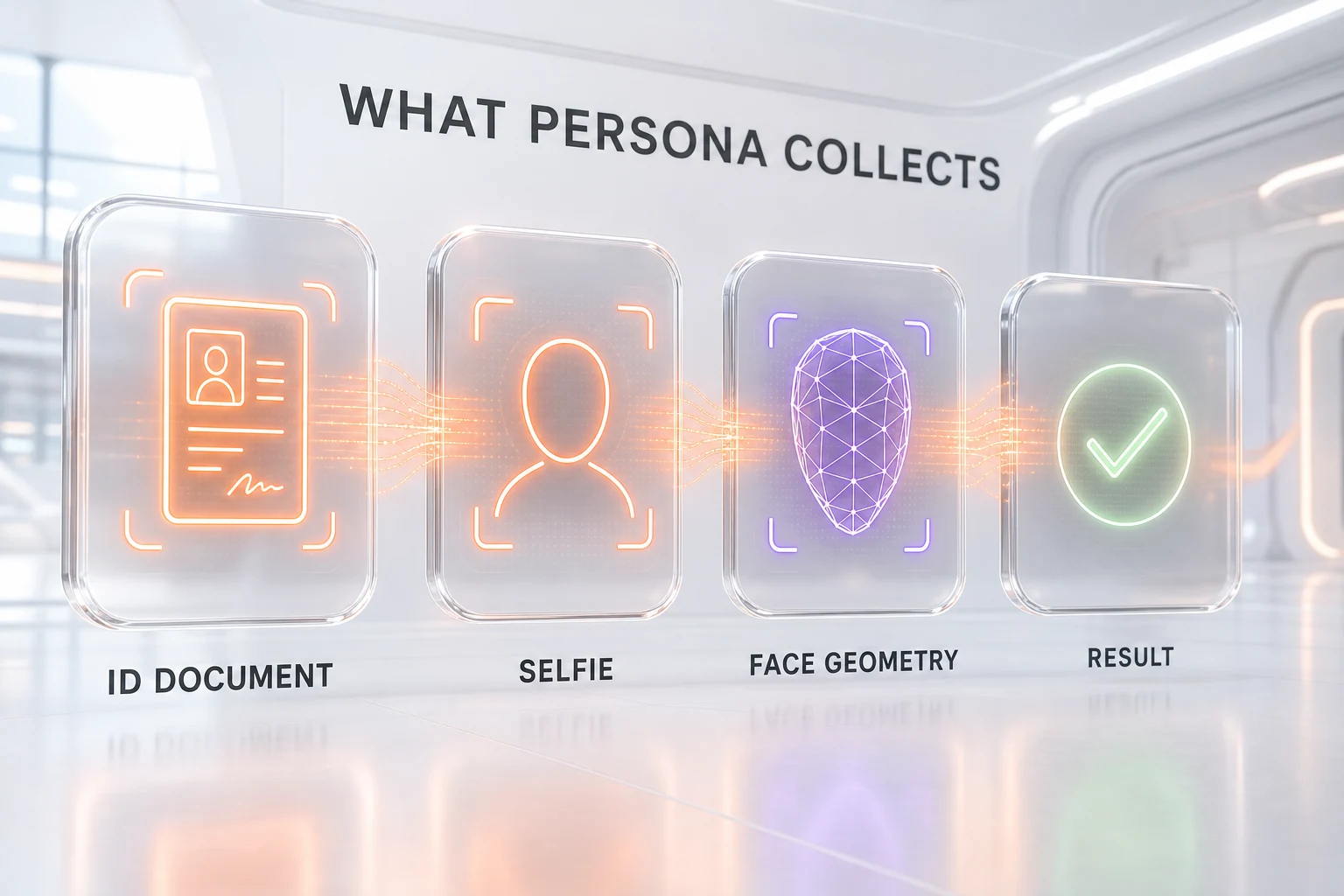 Infographic of what Persona collects for Claude identity verification: government ID document, selfie photo or video, facial geometry template, and verification result