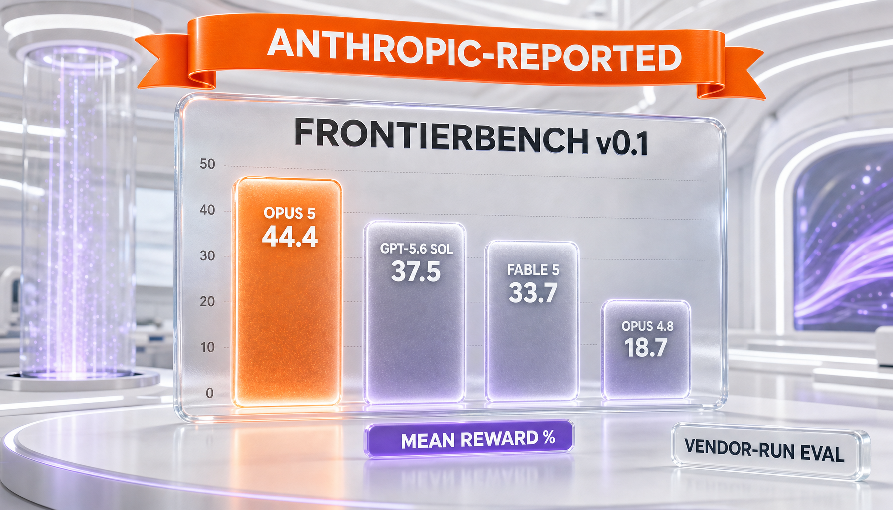 FrontierBench v0.1 mean reward: Opus 5 at 44.4, GPT-5.6 Sol at 37.5, Fable 5 at 33.7, Opus 4.8 at 18.7