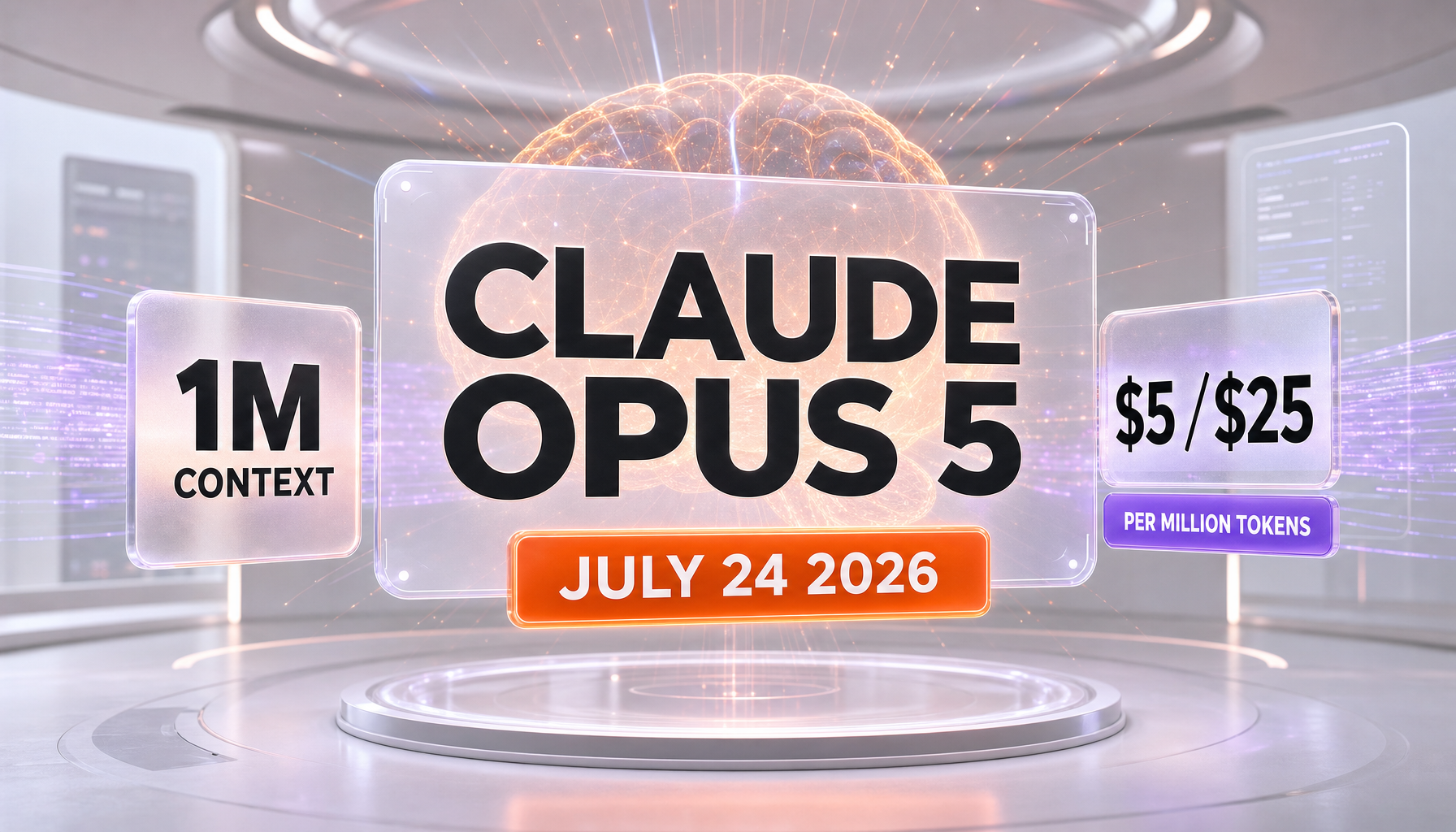 Claude Opus 5 — launched July 24, 2026 at $5 and $25 per million tokens with a 1M token context window