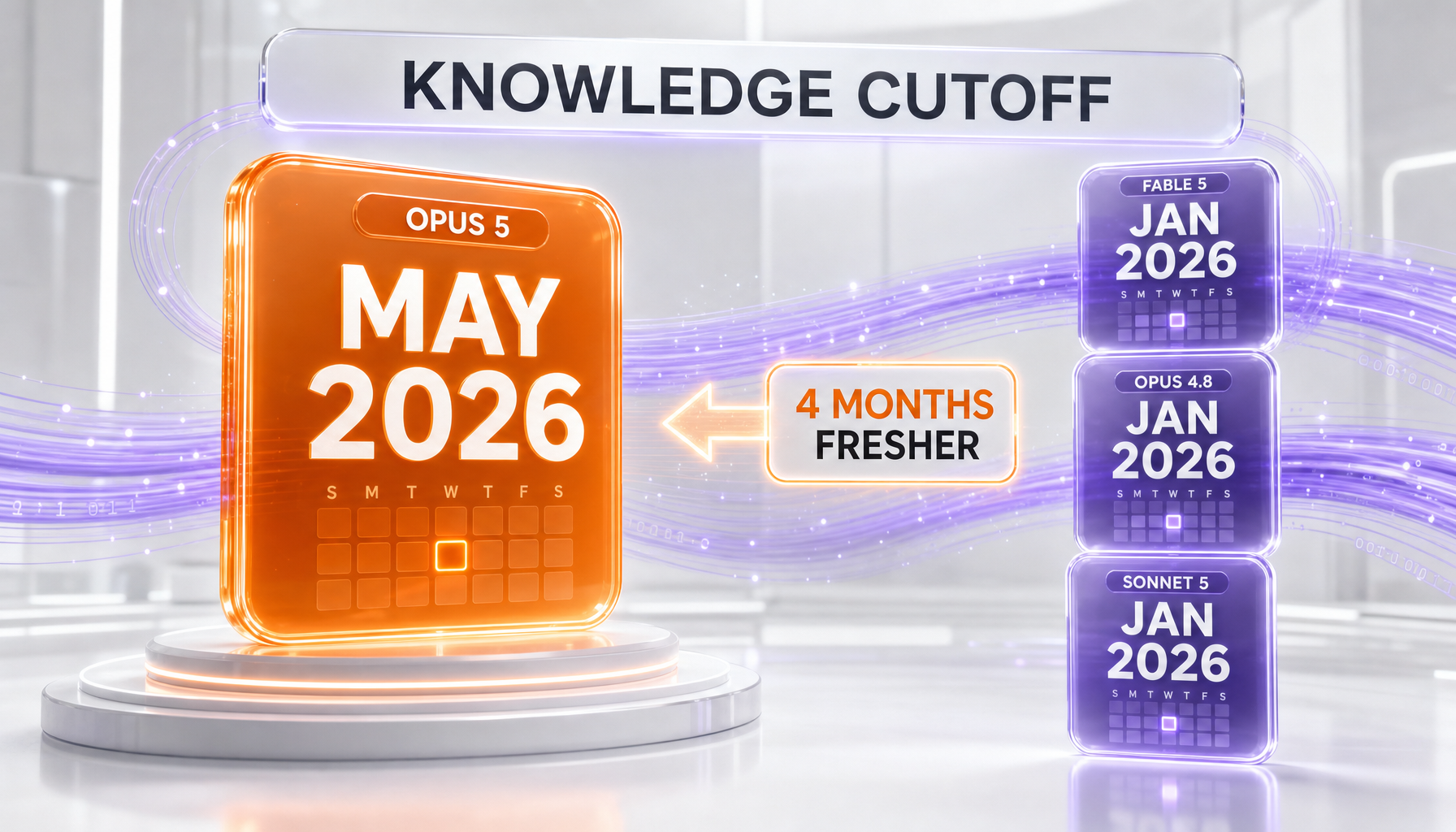 Claude Opus 5 knowledge cutoff of May 2026 compared with January 2026 for Fable 5, Opus 4.8 and Sonnet 5