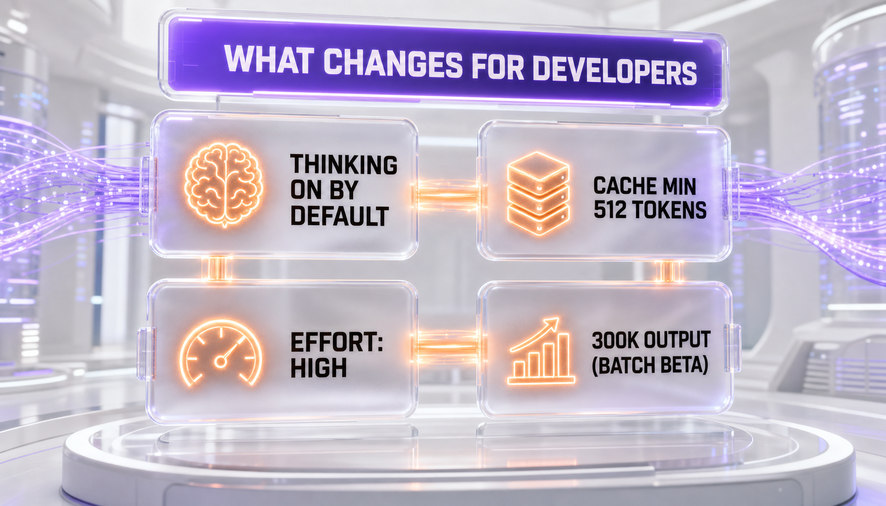 Four Claude Opus 5 developer changes: thinking on by default, 512 token cache minimum, high effort default, 300k batch output