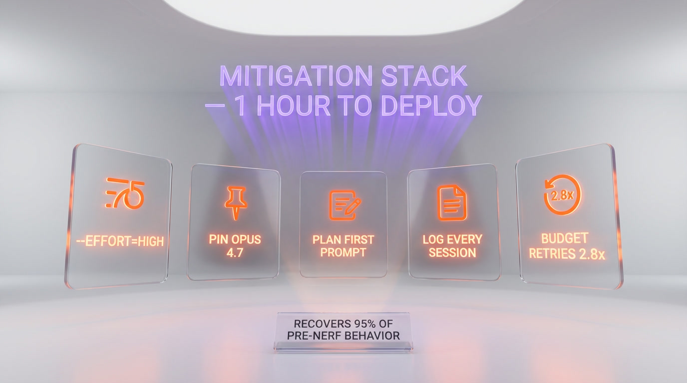 Claude nerfing mitigation playbook — effort high flag, task budget, planning prompts, pin to Opus 4.7, log every session