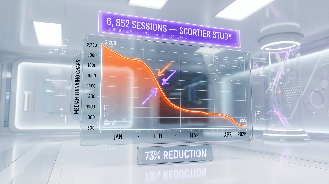 Claude thinking length degradation chart — median 2200 characters January 2026 dropped to 600 characters March 2026, 73% reduction across 6852 sessions
