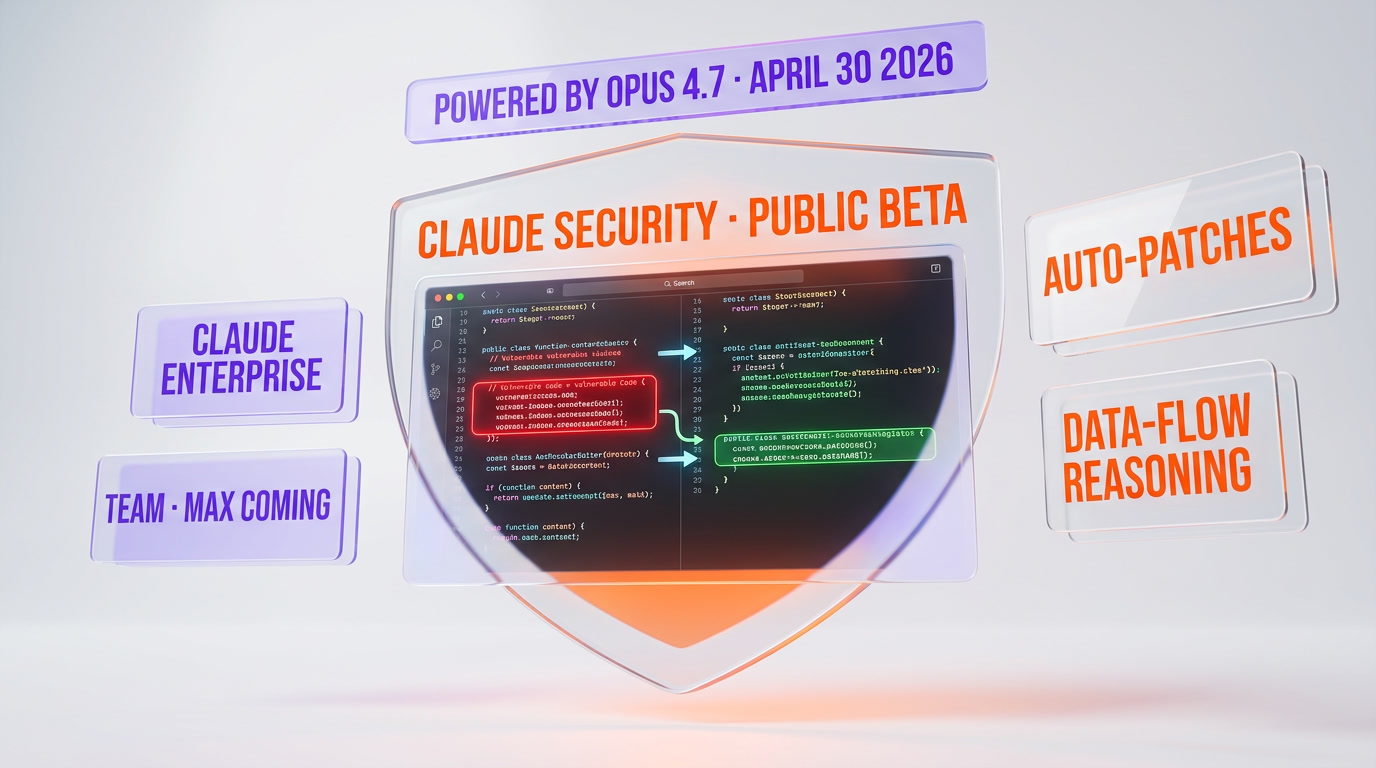 Anthropic Claude Security public beta launches with Opus 4.7 vulnerability scanning and auto-patches for Enterprise customers, April 30 2026