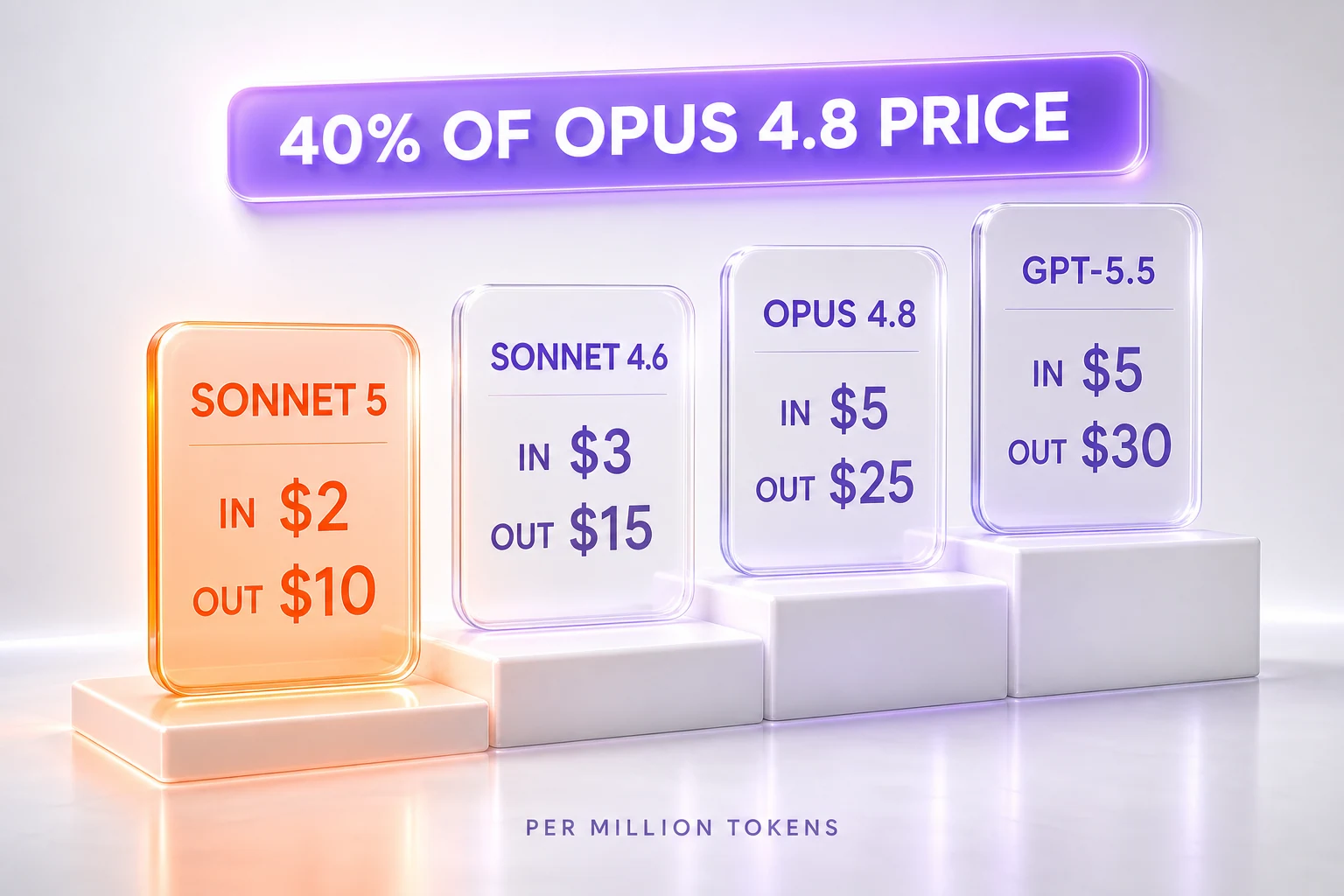 Pricing ladder — Claude Sonnet 5 at $2 in and $10 out per million tokens versus Opus 4.8, Sonnet 4.6, and GPT-5.5
