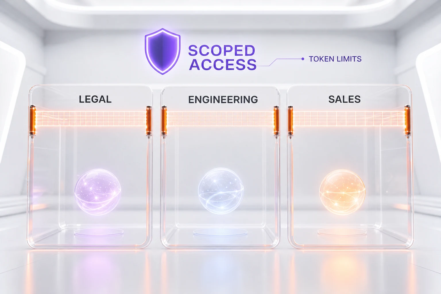 Abstract diagram of channel-scoped access control — separate glassmorphism channel panels each fenced by a glowing gate, isolated memory per channel, orange and violet on white