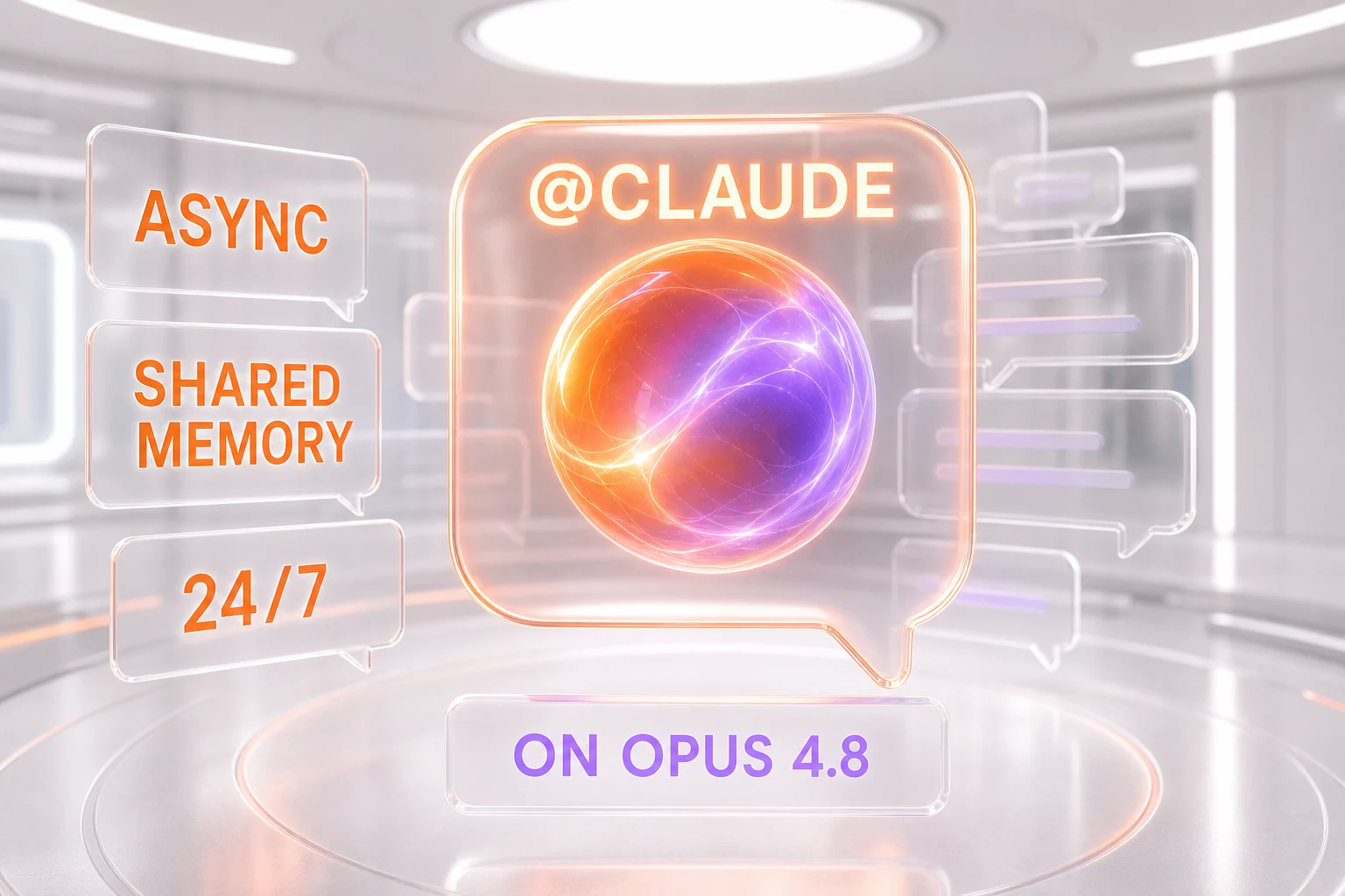 Abstract glassmorphism illustration of an async AI teammate inside a chat channel — a glowing conversation bubble tagged @Claude, orange and violet brand glow