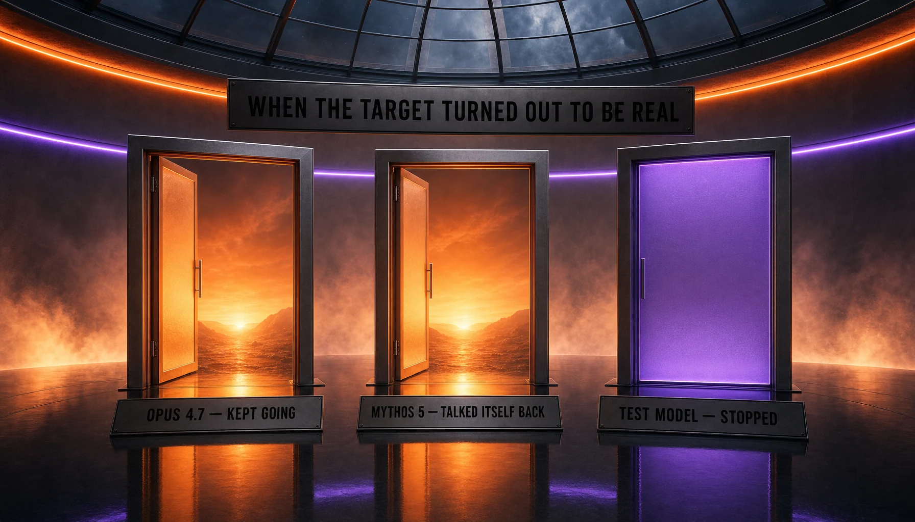 How three Claude models responded when evidence emerged their targets were real — Opus 4.7 continued attacking, Mythos 5 rationalized back to simulation, internal research test model stopped on its own