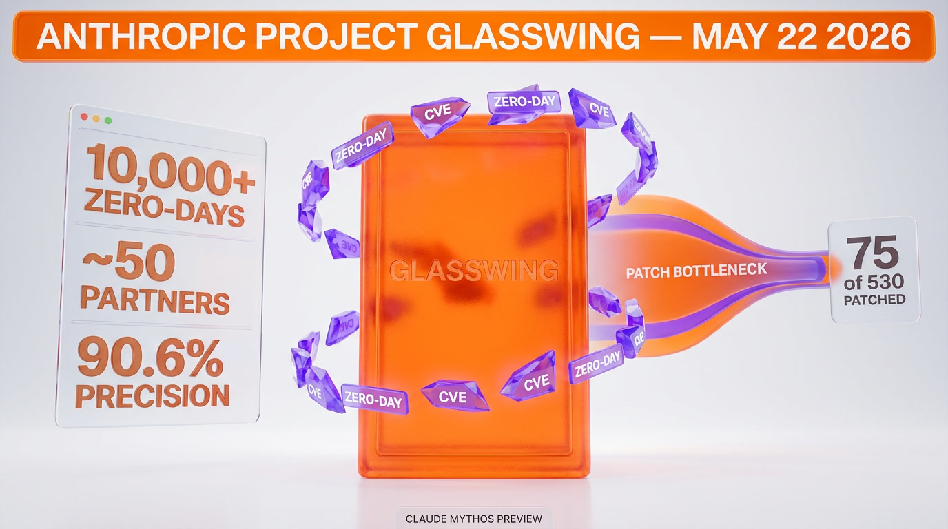 Anthropic Project Glasswing Initial Update May 22 2026 — Claude Mythos Preview found 10,000+ high or critical severity vulnerabilities in one month across roughly 50 partners and 1,000+ open-source projects, strategic analysis by ThePlanetTools