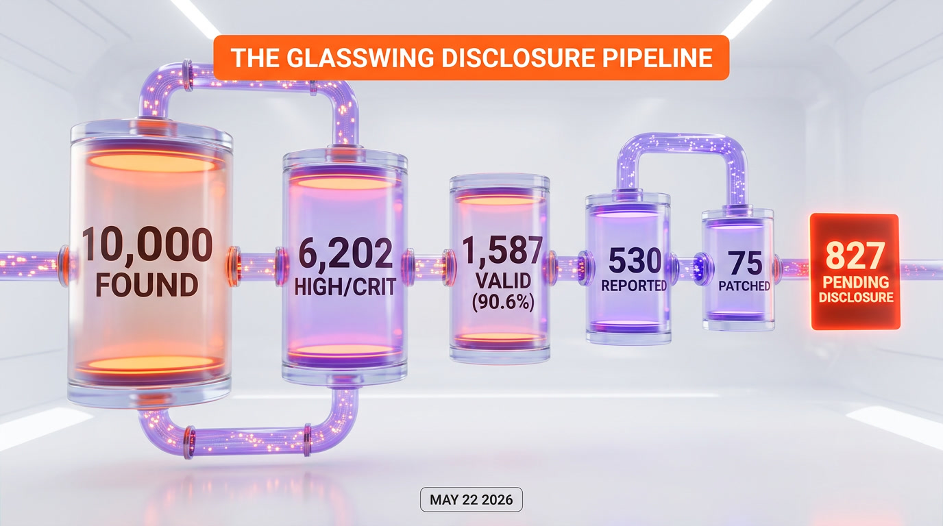 Glasswing disclosure pipeline bottleneck flow 10000 found 530 reported 75 patched 65 advisories 827 pending disclosure Anthropic Mythos Preview May 22 2026 — ThePlanetTools