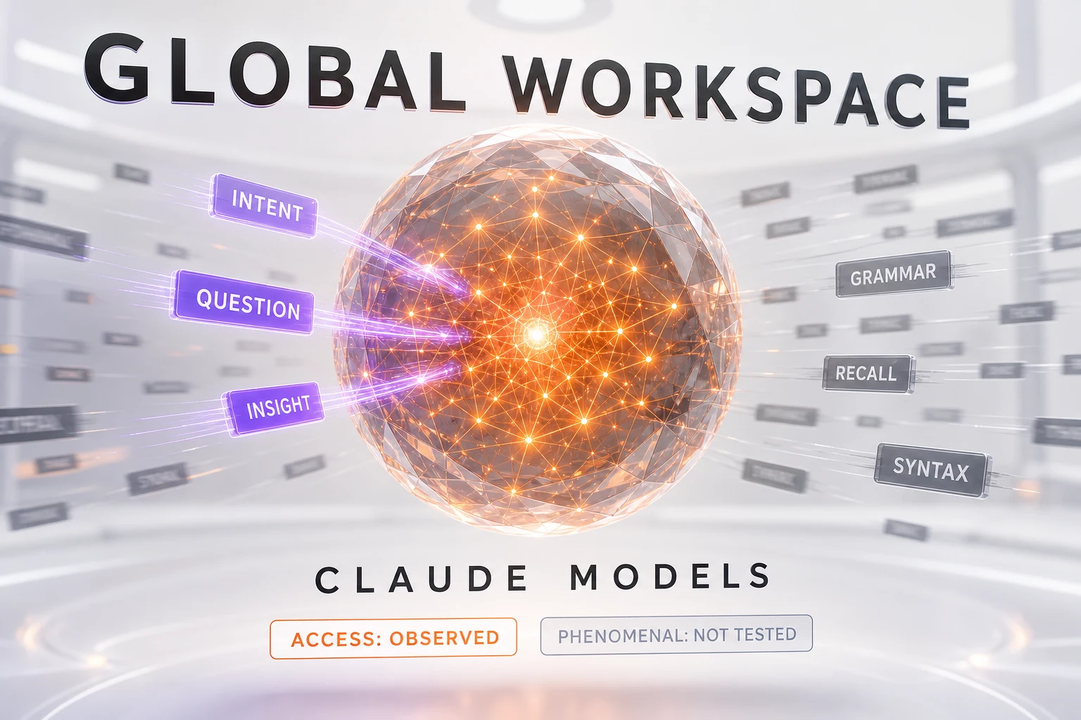 Abstract illustration of a small glowing core inside a language model, representing a global workspace