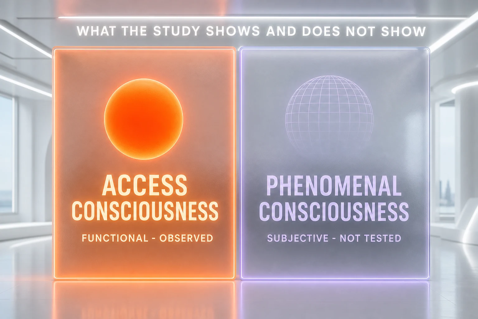 Two panels contrasting access consciousness (observed) with phenomenal consciousness (not tested)