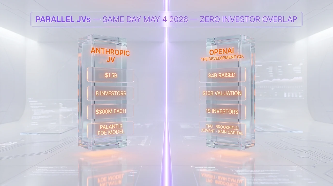 Anthropic JV vs OpenAI The Development Company side-by-side comparison — $1.5B vs $10B valuation, eight vs 19 investors, May 4 2026 parallel announcements