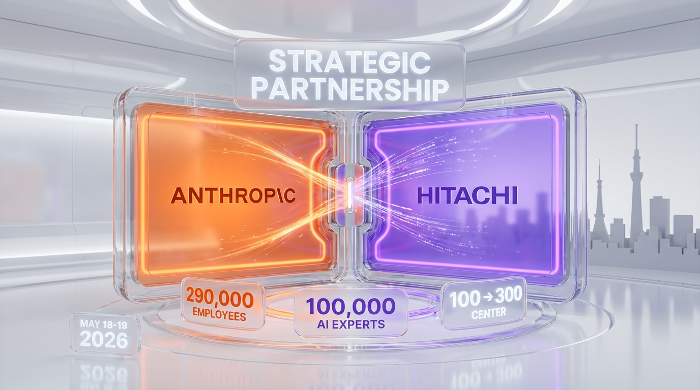 Hitachi x Anthropic strategic partnership: Claude deployed across 290,000 employees, 100,000 AI talents trained, Frontier AI Deployment Center launched May 18-19, 2026