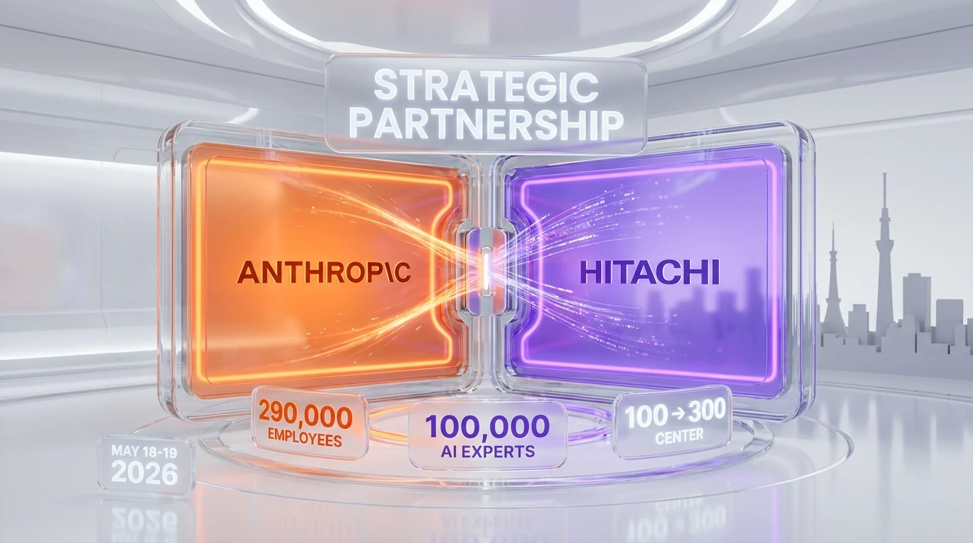 Hitachi x Anthropic strategic partnership: Claude deployed across 290,000 employees, 100,000 AI talents trained, Frontier AI Deployment Center launched May 18-19, 2026