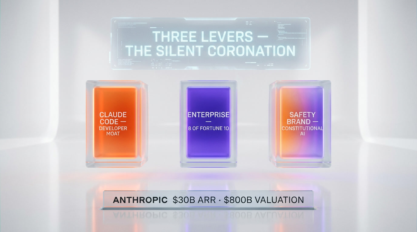 Anthropic three decisive levers — Claude Code domination, enterprise adoption, safety brand positioning — the three pillars of the $800B valuation, analysis by ThePlanetTools