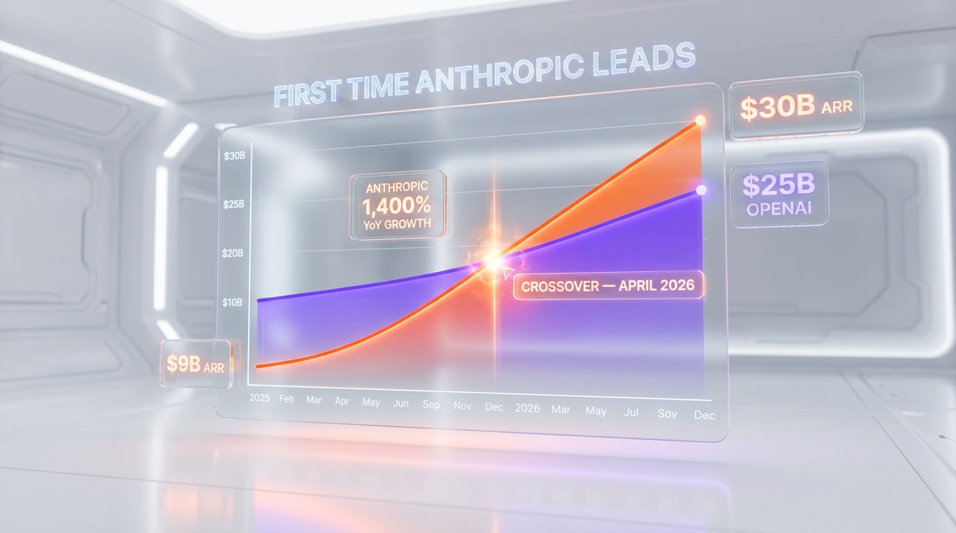Anthropic $30B ARR vs OpenAI $25B ARR April 2026 — revenue crossover chart showing Anthropic overtaking OpenAI for the first time, generated by ThePlanetTools