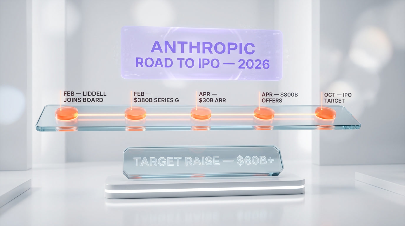 Anthropic IPO timeline 2026 — $380B Series G February, Liddell joins board February, $30B ARR April, $800B investor offers April, October IPO target, analysis by ThePlanetTools