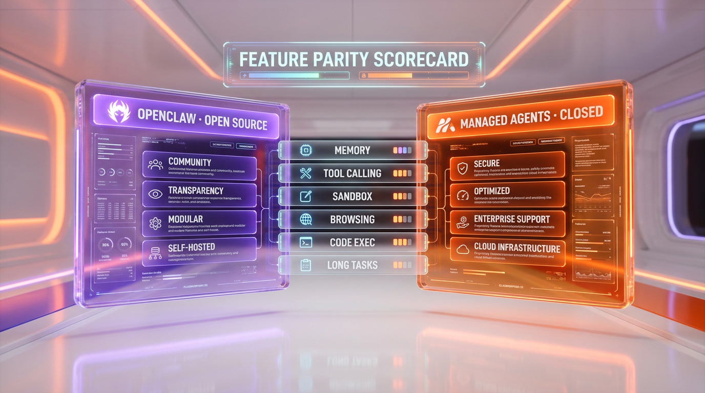 Feature comparison Managed Agents vs OpenClaw — memory, tool calling, sandbox, browsing, code execution