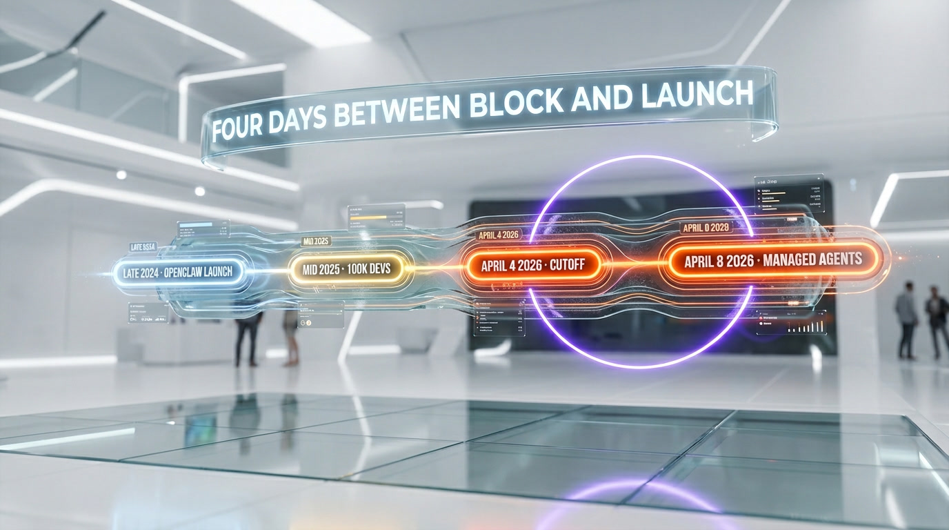 Timeline 2024-2026 OpenClaw launch to Anthropic Managed Agents — block and launch sequence