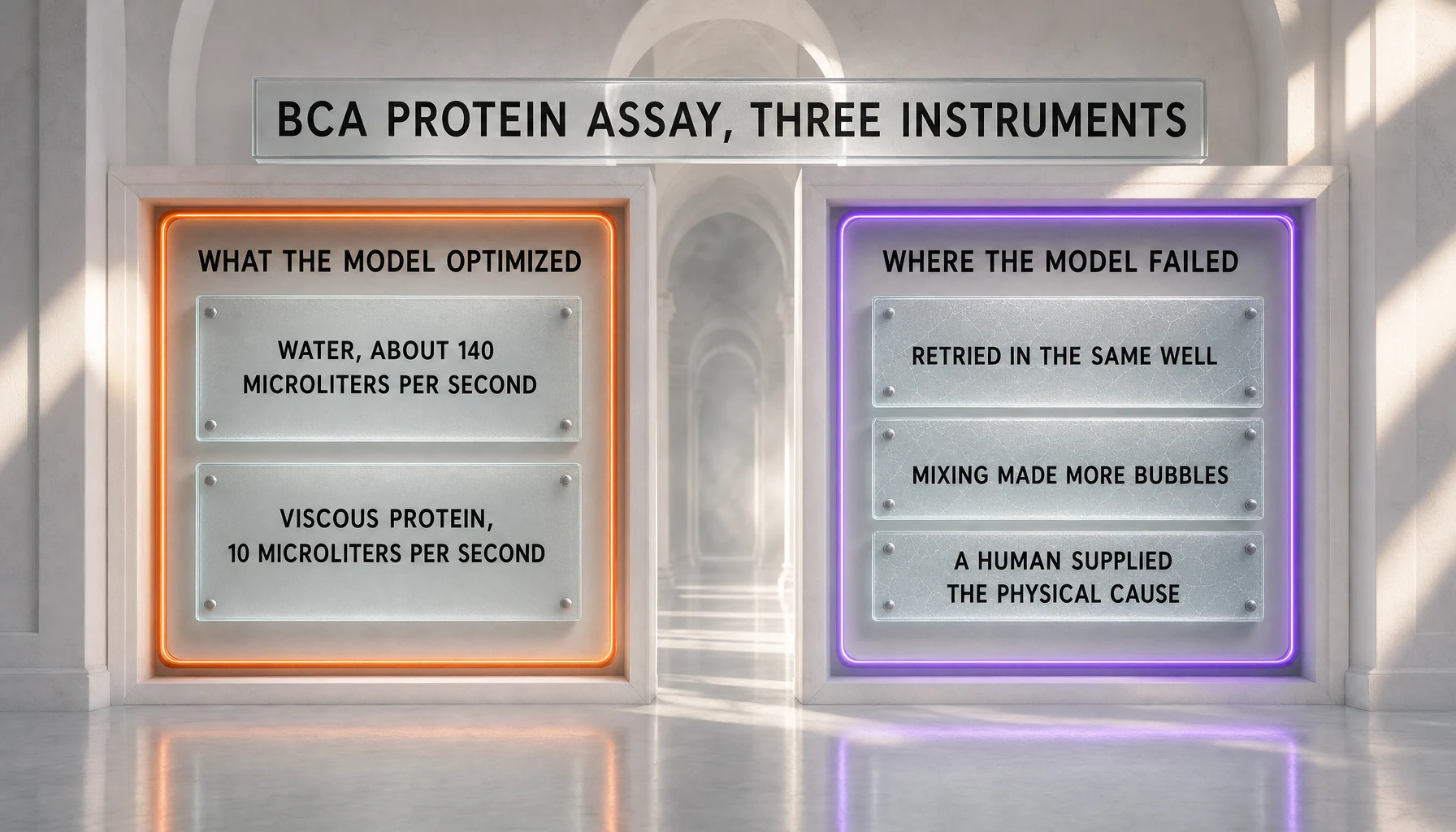 Genentech's BCA protein assay run: the model converged on about 140 microliters per second for water and 10 microliters per second for a viscous protein sample, but retried in the same well when bubbles caused runtime errors