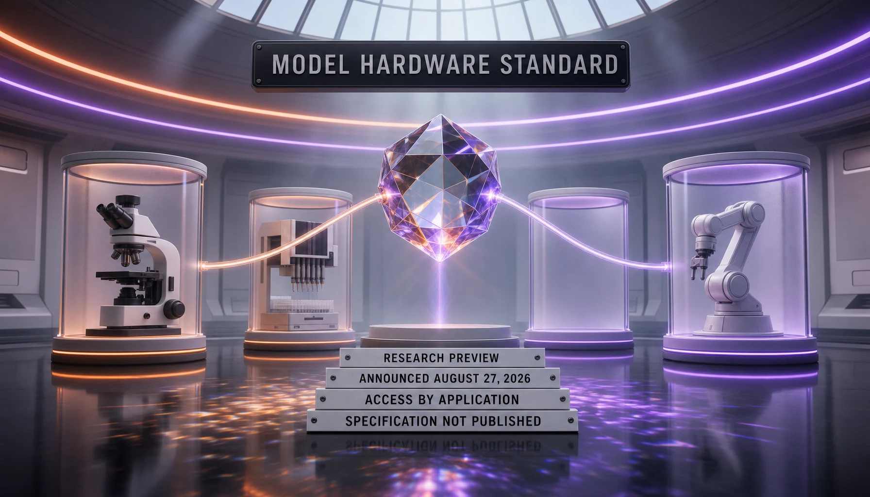 The Model Hardware Standard, opened by Anthropic as a research preview on August 27, 2026, linking an agent to laboratory instruments including a microscope, a liquid handler and a robotic arm — editorial illustration