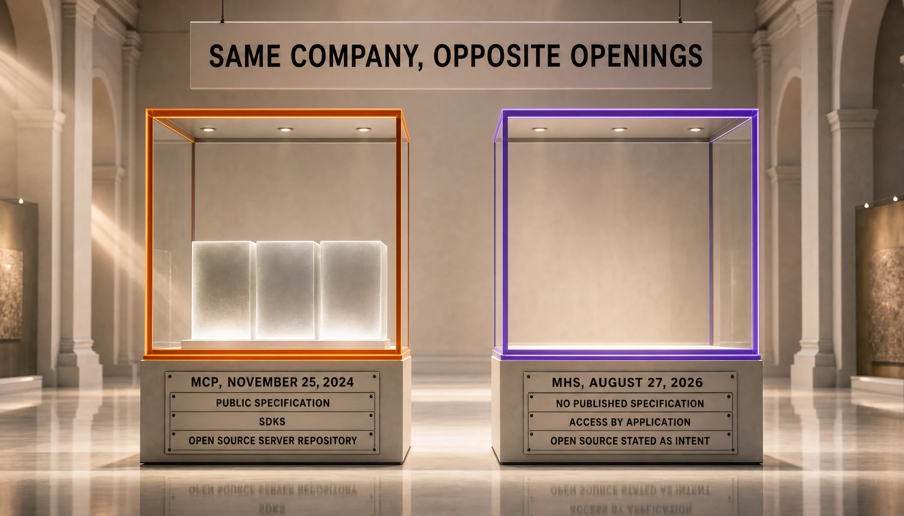 MCP shipped on November 25, 2024 with a public specification, SDKs and an open-source repository of servers, while MHS opened on August 27, 2026 with no published specification and access by application