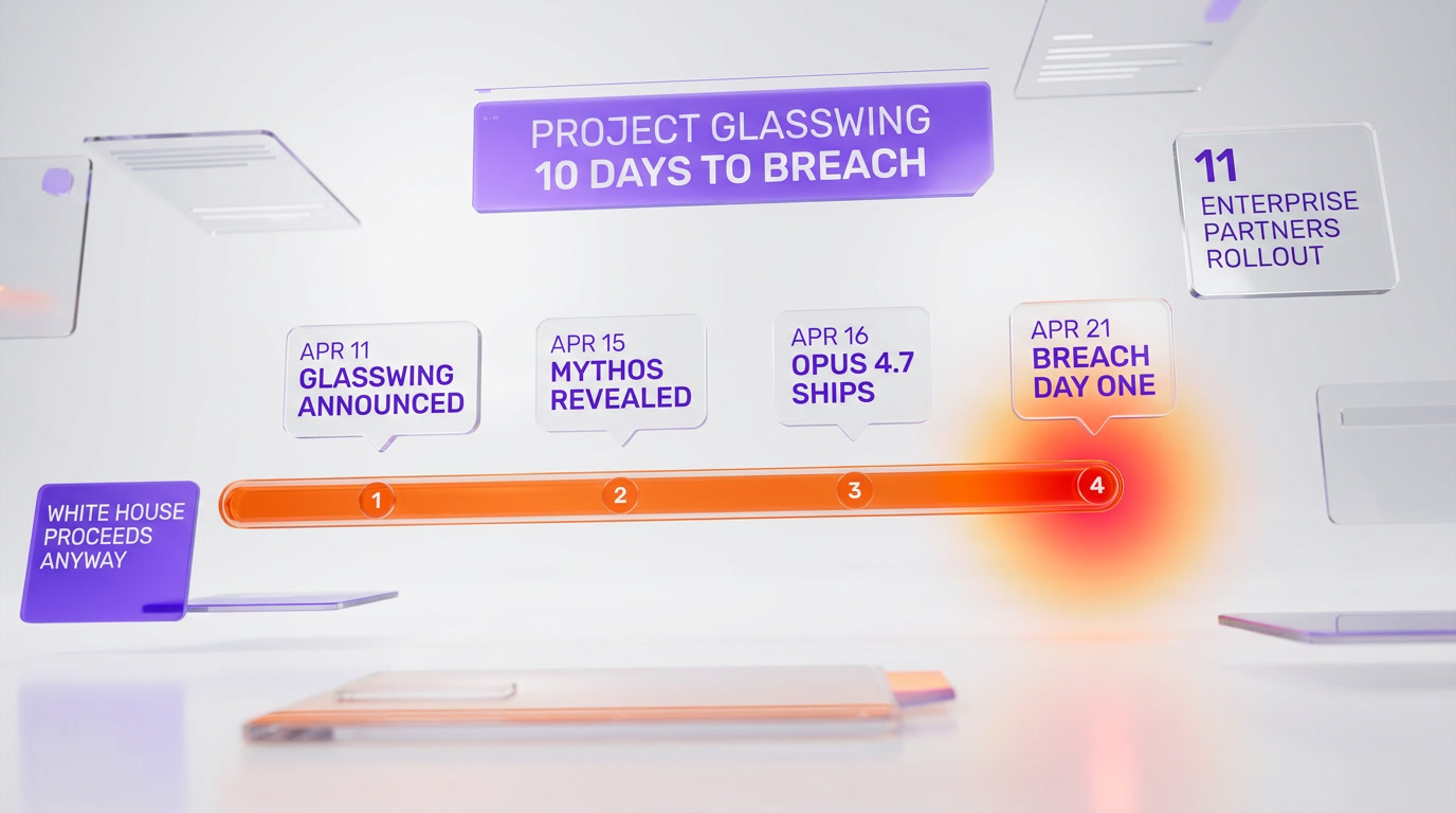 Project Glasswing timeline from April 11 announcement to April 21 breach — Mythos Preview rollout to 11 partners disrupted by Discord access