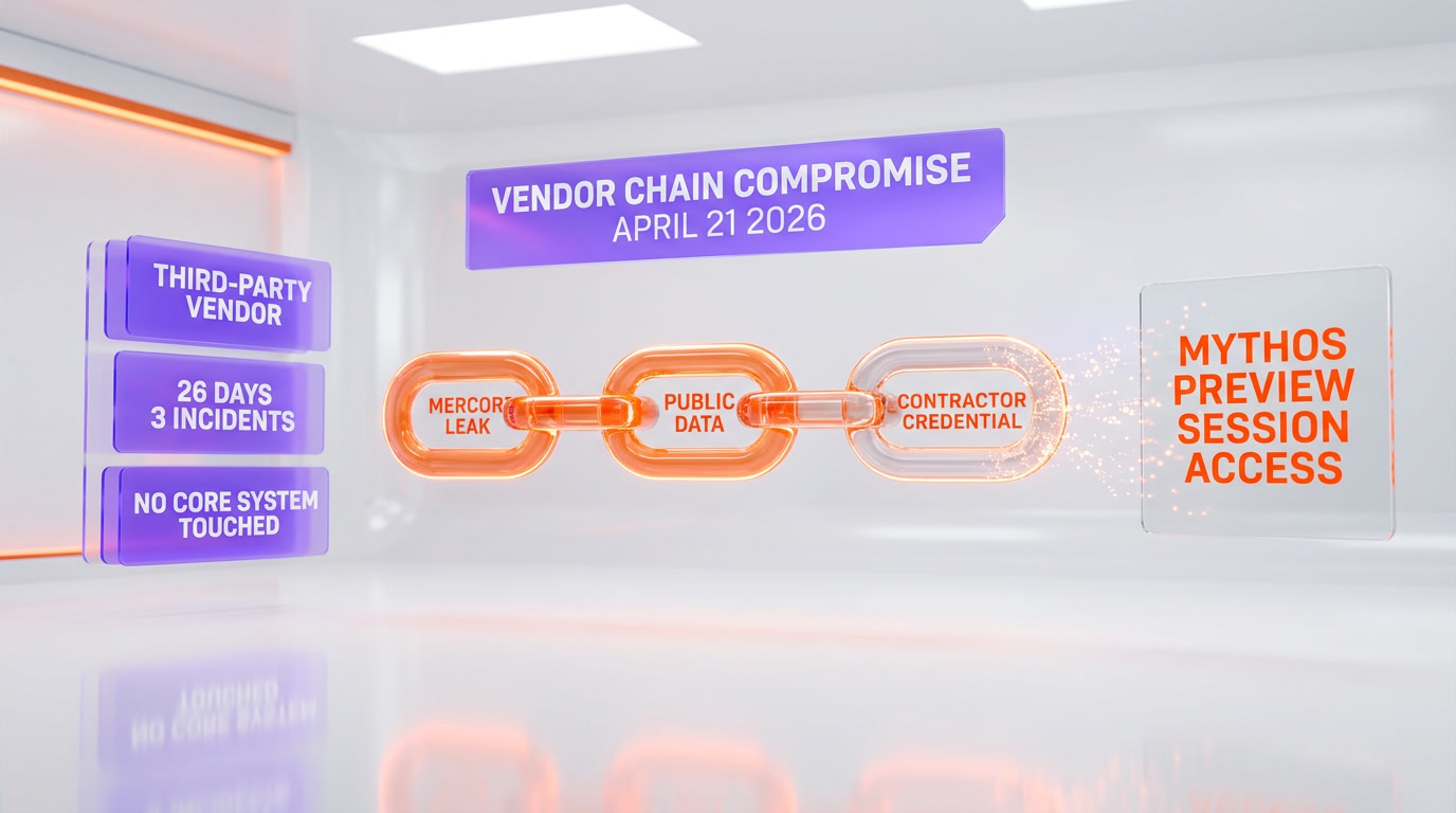 Visualization of the Mercor third-party vendor credential chain that exposed Claude Mythos Preview to a private Discord group