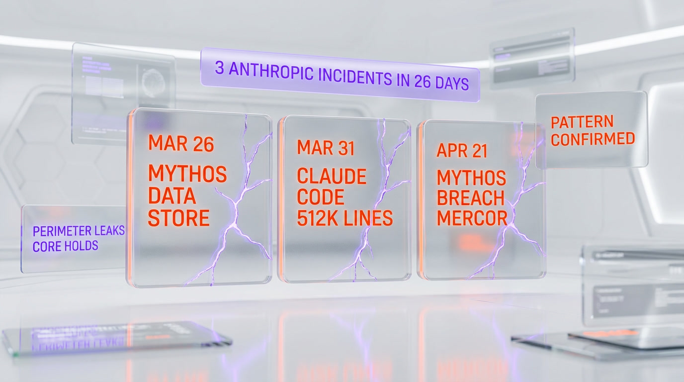 Three Anthropic security incidents in 26 days — Mythos data store leak March 26, Claude Code source map leak March 31, Mythos breach April 21