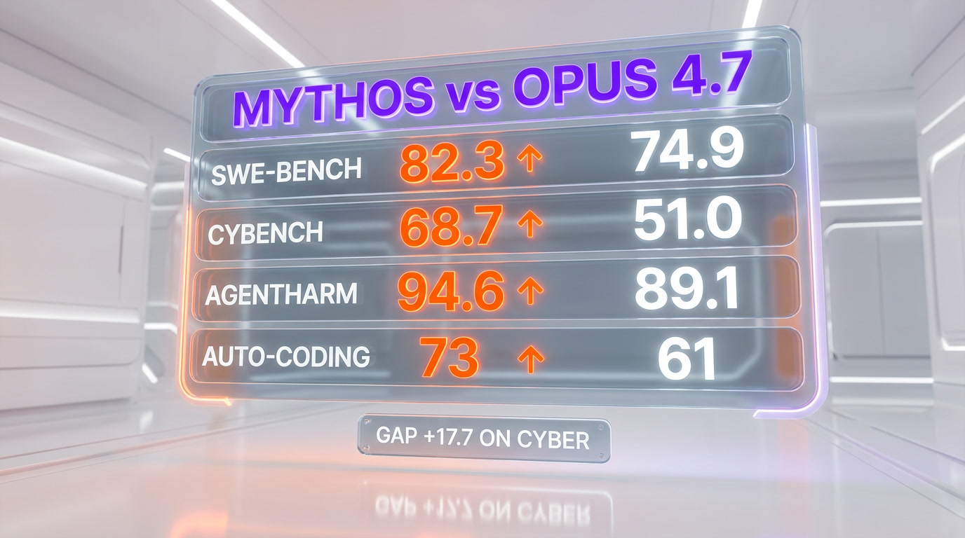 Mythos Preview vs Claude Opus 4.7 benchmark scoreboard — SWE-bench, Cybench, AgentHarm scores analyzed by ThePlanetTools