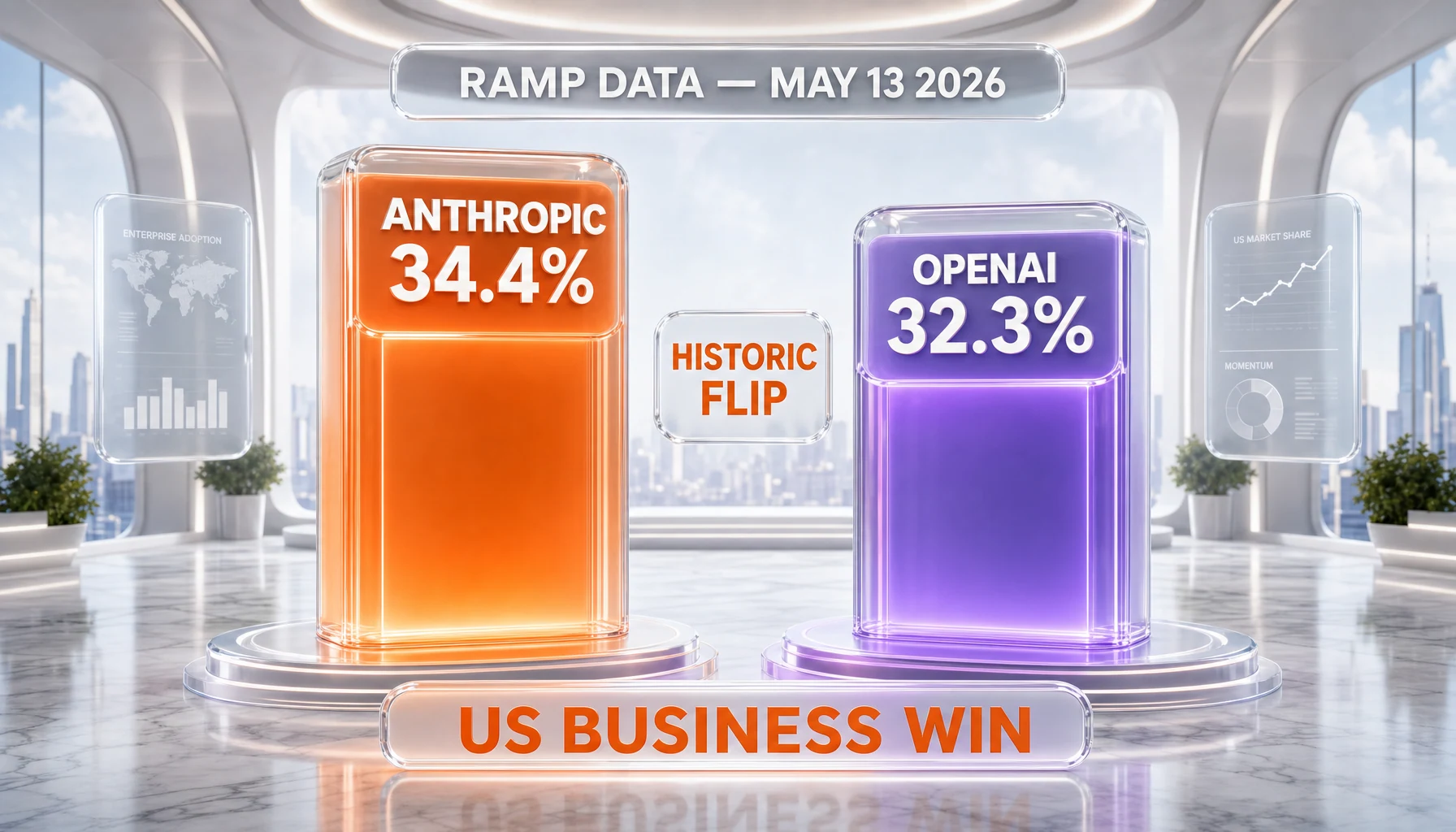 Anthropic overtakes OpenAI in US business adoption — Ramp data May 13 2026 shows 34.4% vs 32.3% of paying business customers