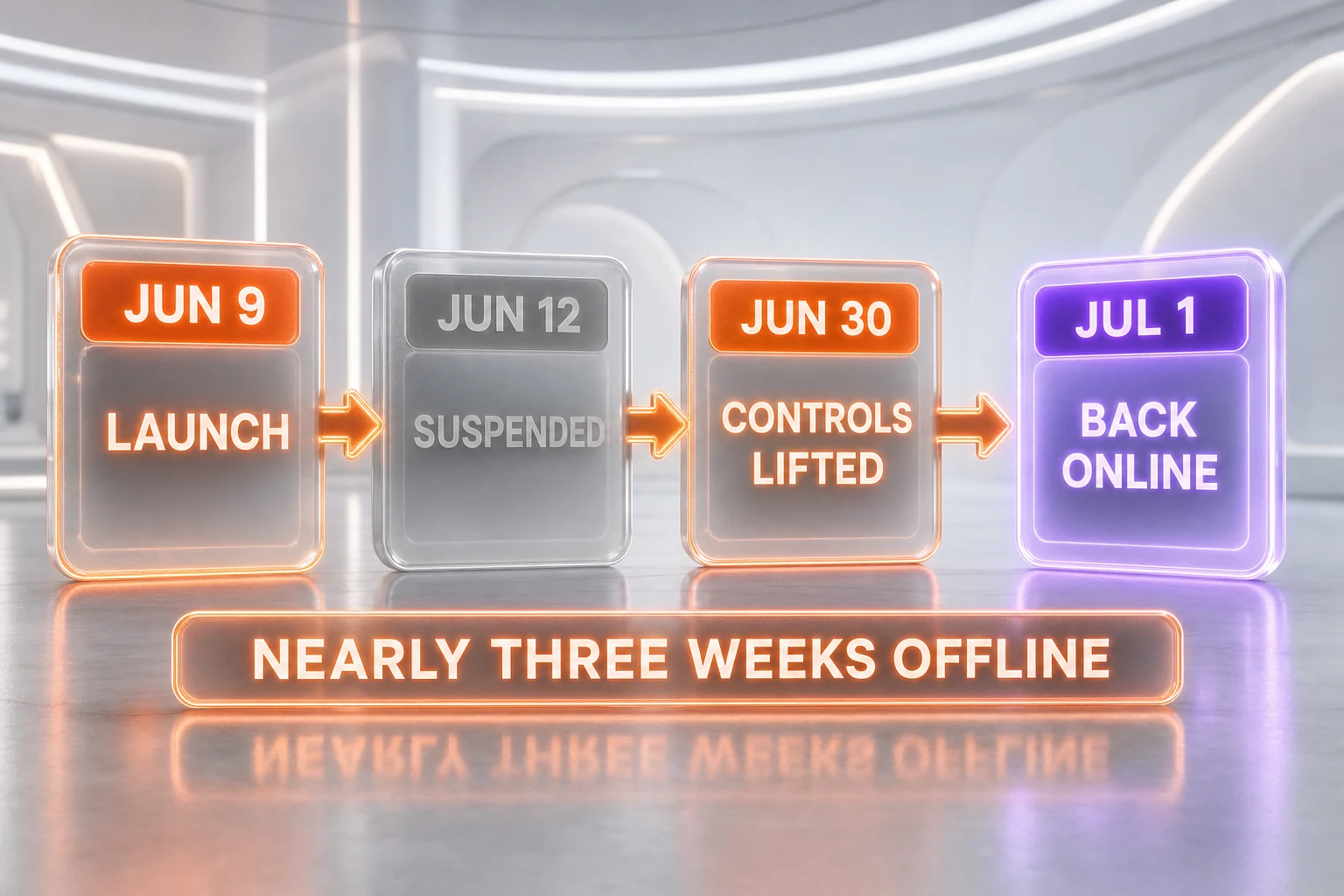 Timeline of the Claude Fable 5 saga: launch June 9, suspended June 12, export controls lifted June 30, back online July 1