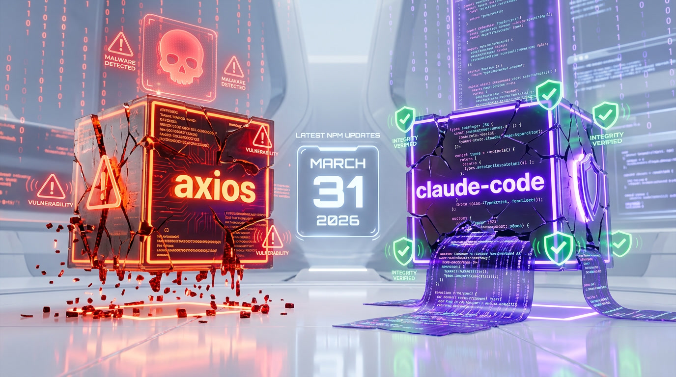 npm supply chain security visualization showing axios attack and Claude Code leak on same day