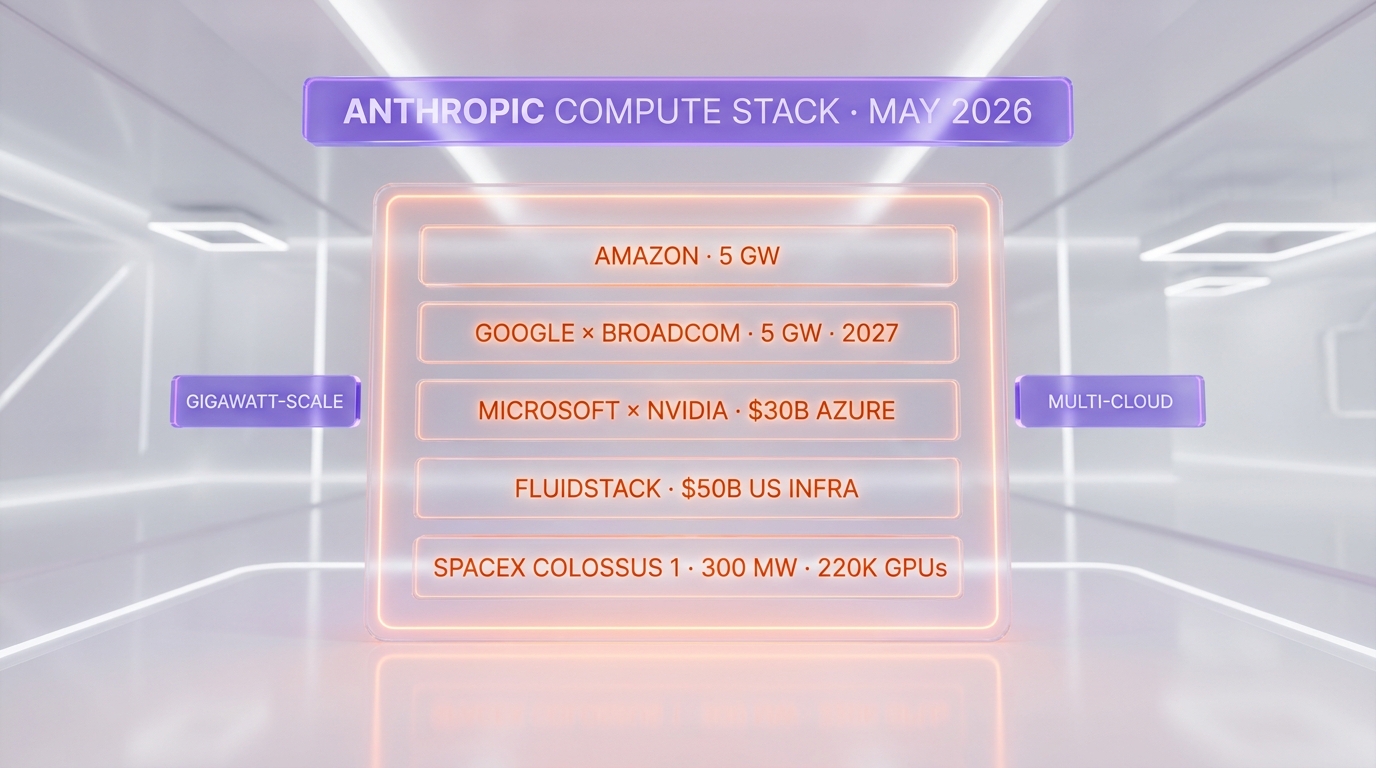 Anthropic compute stack as of May 2026 — Amazon 5 GW, Google Broadcom 5 GW for 2027, Microsoft NVIDIA 30 billion Azure, Fluidstack 50 billion US, SpaceX Colossus 1 300 MW 220K GPUs