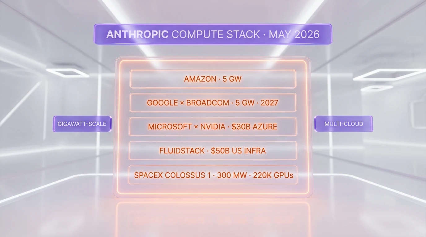 Anthropic compute stack as of May 2026 — Amazon 5 GW, Google Broadcom 5 GW for 2027, Microsoft NVIDIA 30 billion Azure, Fluidstack 50 billion US, SpaceX Colossus 1 300 MW 220K GPUs