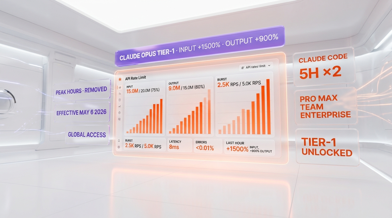 Claude Code five-hour limits doubled for Pro, Max, Team, and Enterprise, peak-hours throttling removed, and Claude Opus Tier-1 API input and output rate limits raised — effective May 6, 2026