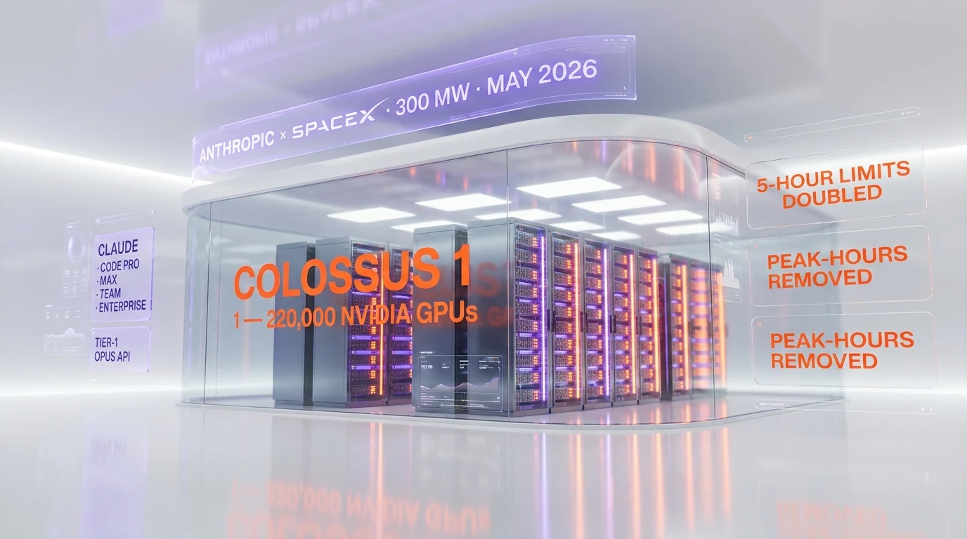 Anthropic locks SpaceX Colossus 1 — 220,000 NVIDIA GPUs and 300 megawatts coming online in May 2026, doubling Claude Code rate limits across all paid plans
