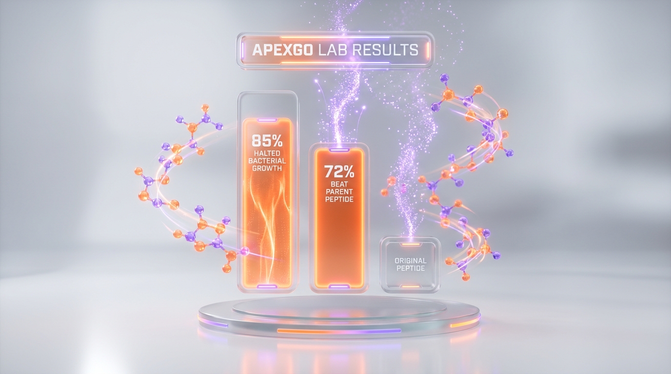 ApexGO lab results — 85% halted bacterial growth, 72% beat the original peptide